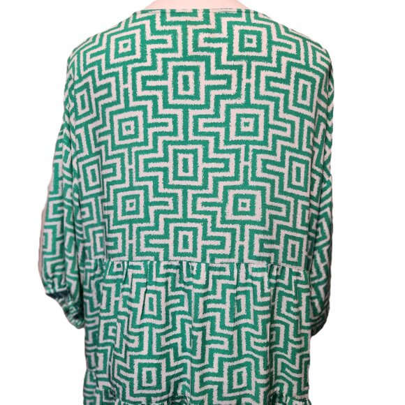 Ruby Rd. dress Women's XL Green white trellis print Split neck 3/4 puff sleeves - Picture 14 of 16